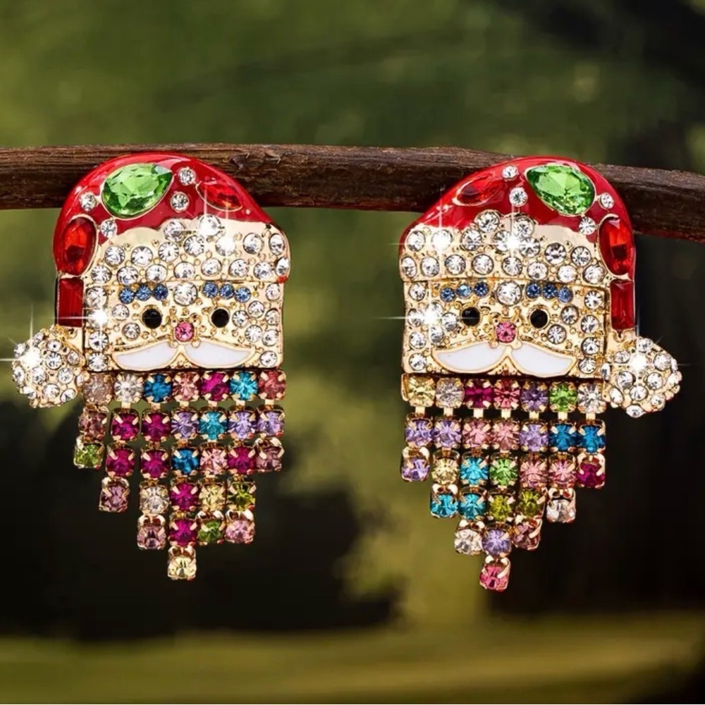 Festive Santa Claus Rhinestone Earrings. - Picture 5 of 6